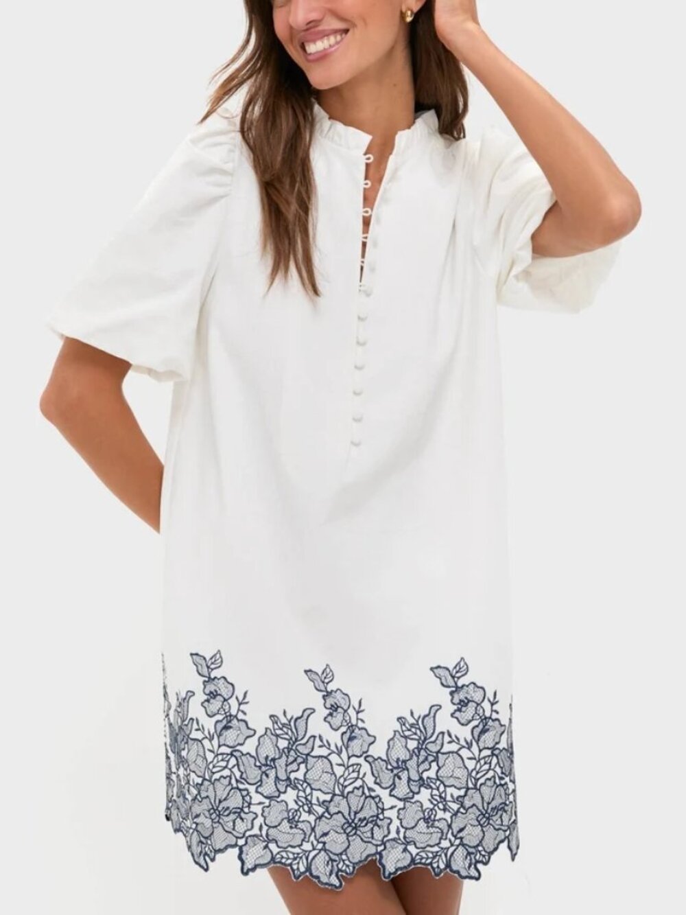 Hyacinth House White Mini Dress Mimi Embroidered Navy Cotton Puff Sleeve Size S